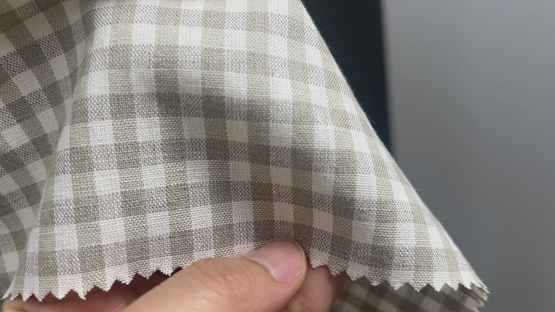 Linen Cotton Gingham Check Fabric – Ivory & Beige, 44" Wide, Soft Plain Weave 8196