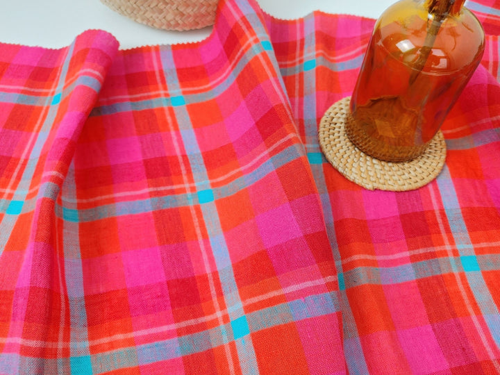 Vibrant Red Madras Plaid Linen: Medium-Light Weight 7813 - The Linen Lab - Red