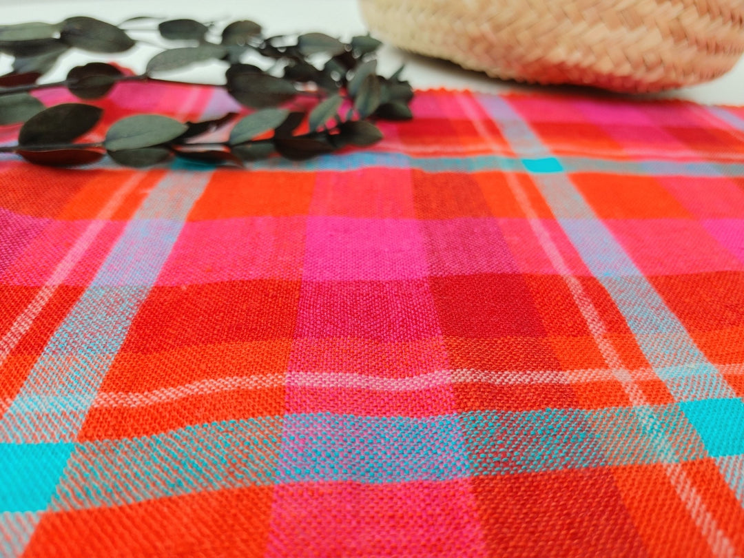 Vibrant Red Madras Plaid Linen: Medium-Light Weight 7813 - The Linen Lab - Red