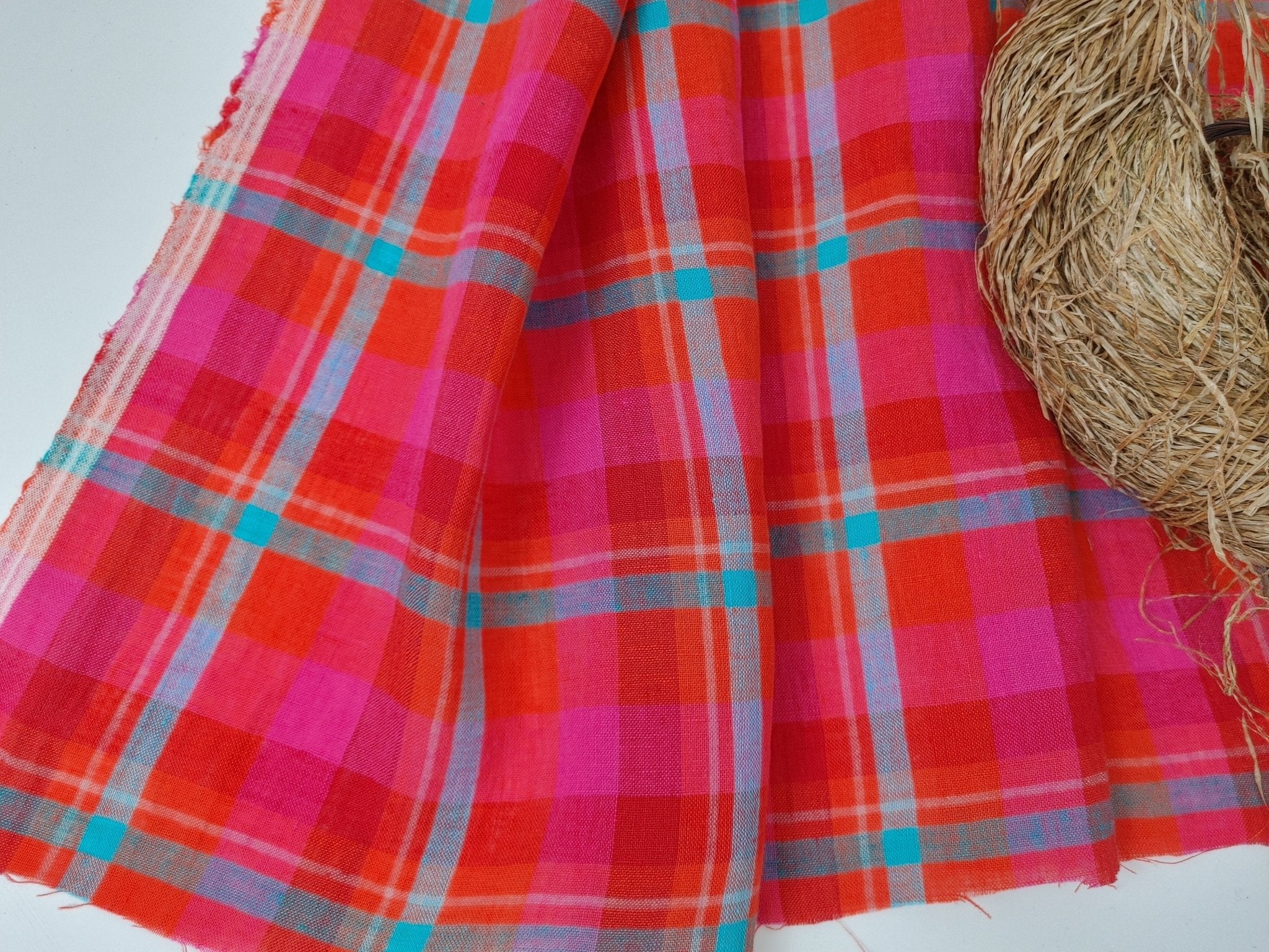 Vibrant Red Madras Plaid Linen: Medium-Light Weight 7813 - The Linen Lab - Red