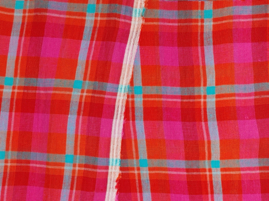 Vibrant Red Madras Plaid Linen: Medium-Light Weight 7813 - The Linen Lab - Red