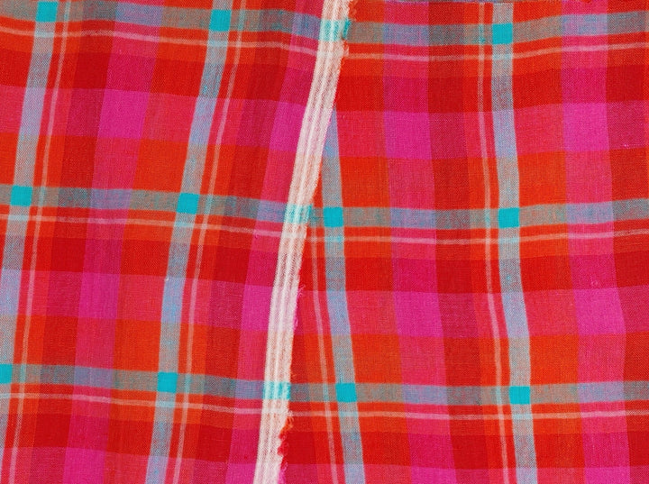 Vibrant Red Madras Plaid Linen: Medium-Light Weight 7813 - The Linen Lab - Red