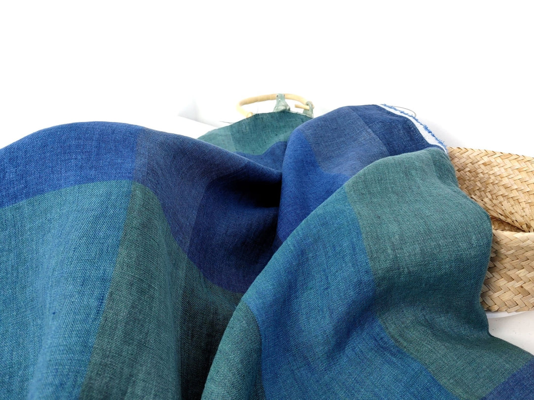 100% Linen Blue and Green Big Plaid Fabric Light Weight 6921 - The Linen Lab - Blue