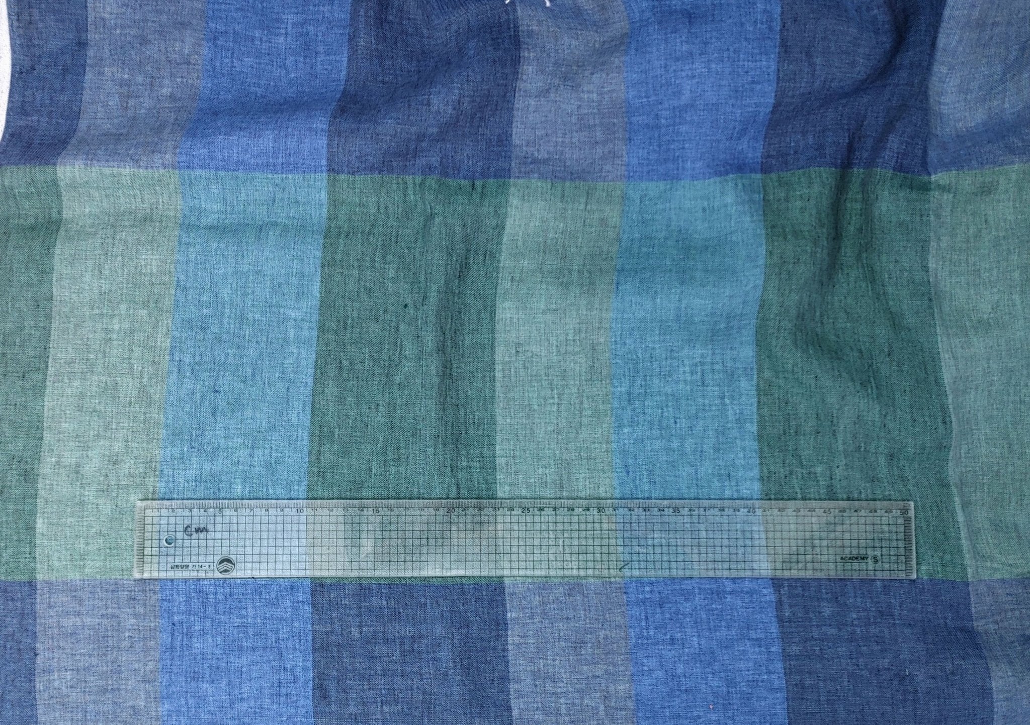 100% Linen Blue and Green Big Plaid Fabric Light Weight 6921 - The Linen Lab - Blue