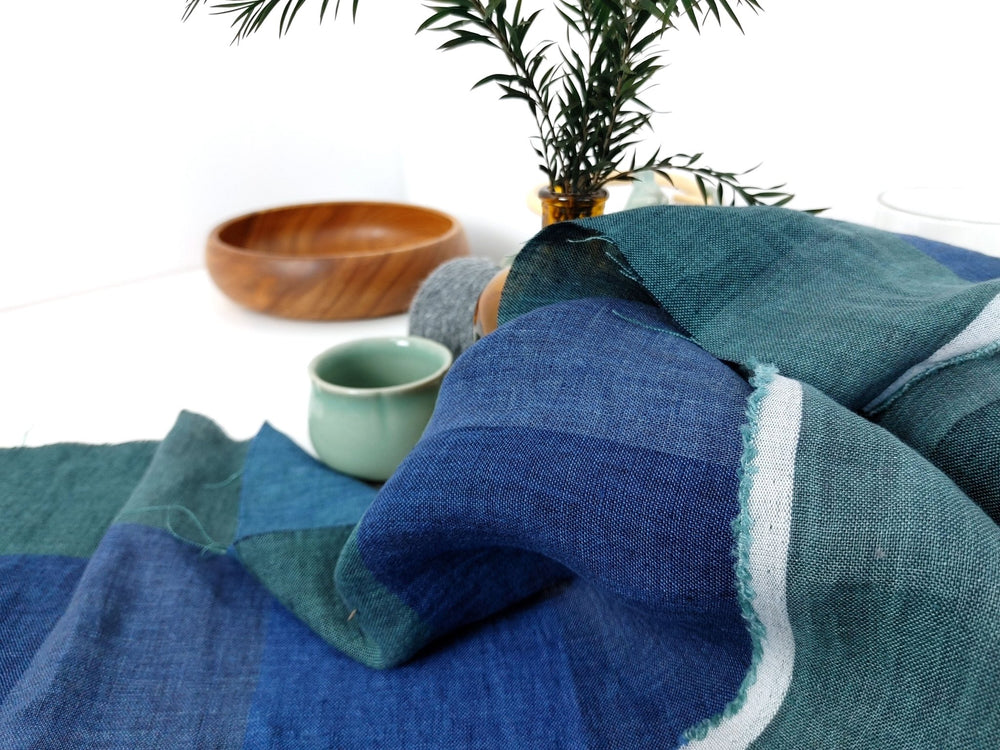 100% Linen Blue and Green Big Plaid Fabric Light Weight 6921 - The Linen Lab - Blue