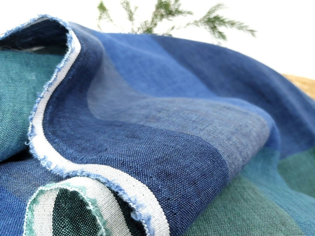 100% Linen Blue and Green Big Plaid Fabric Light Weight 6921 - The Linen Lab - Blue