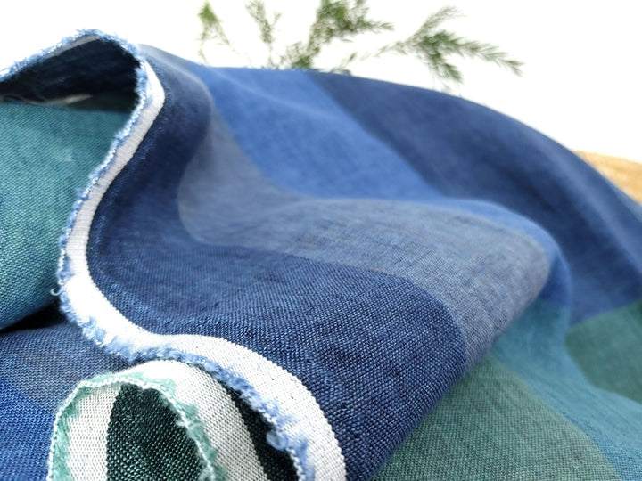 100% Linen Blue and Green Big Plaid Fabric Light Weight 6921 - The Linen Lab - Blue