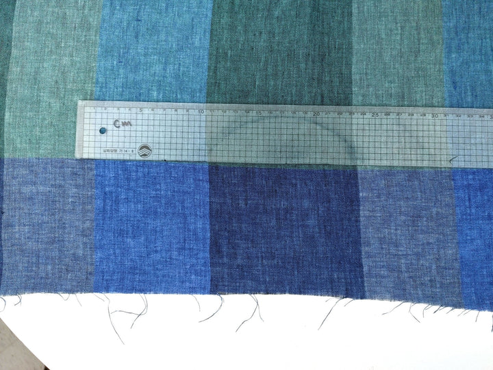 100% Linen Blue and Green Big Plaid Fabric Light Weight 6921 - The Linen Lab - Blue