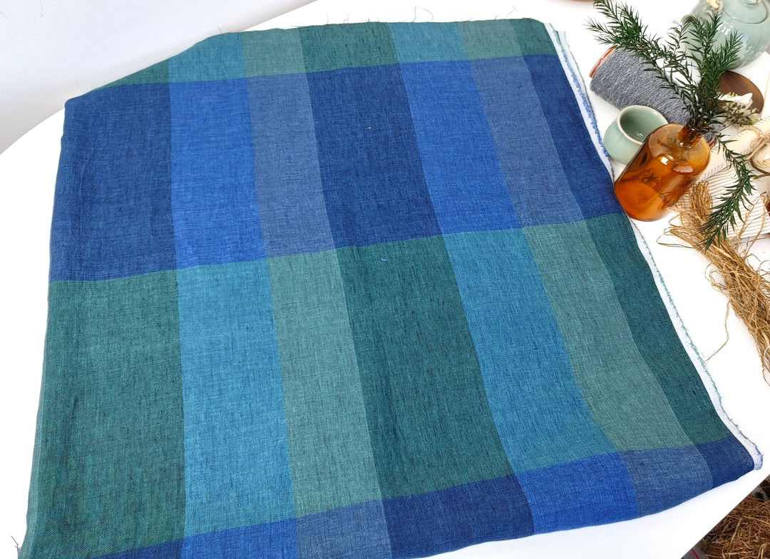 100% Linen Blue and Green Big Plaid Fabric Light Weight 6921 - The Linen Lab - Blue
