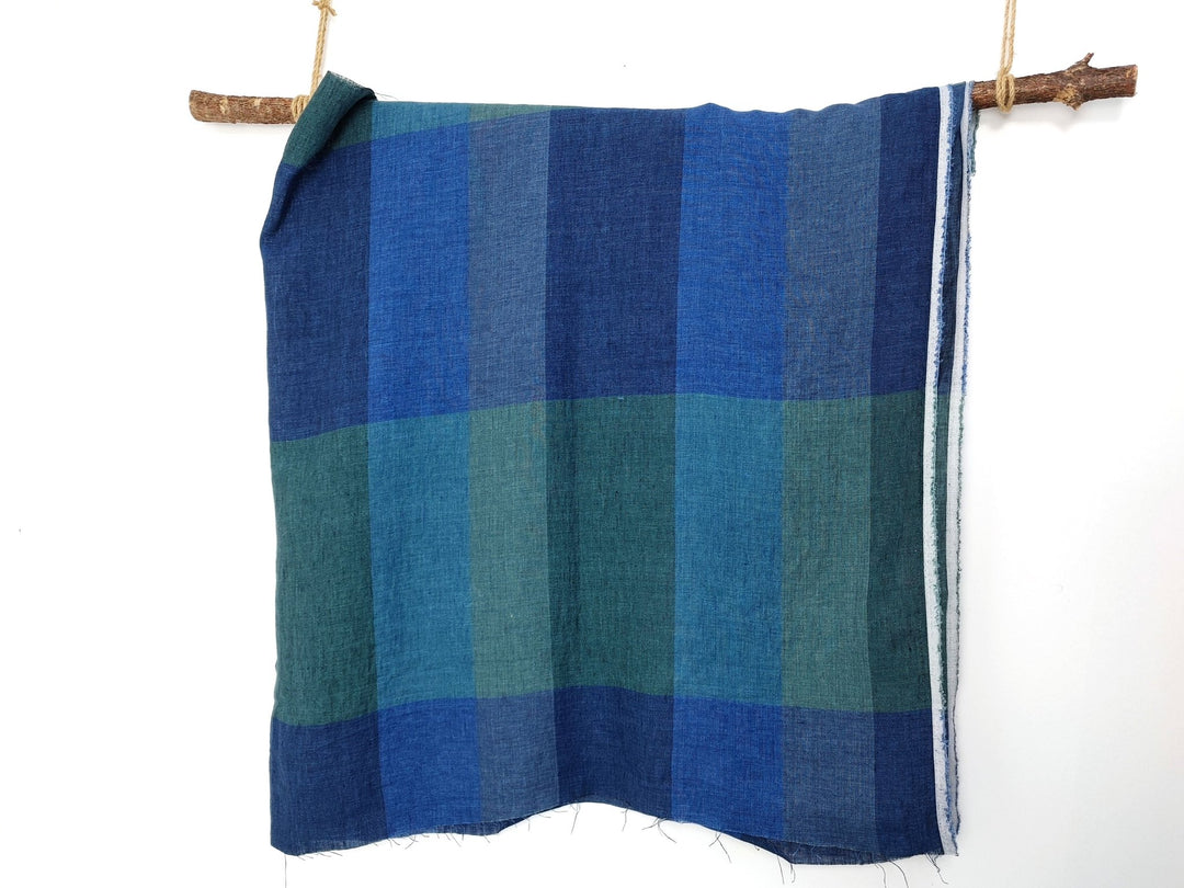 100% Linen Blue and Green Big Plaid Fabric Light Weight 6921 - The Linen Lab - Blue
