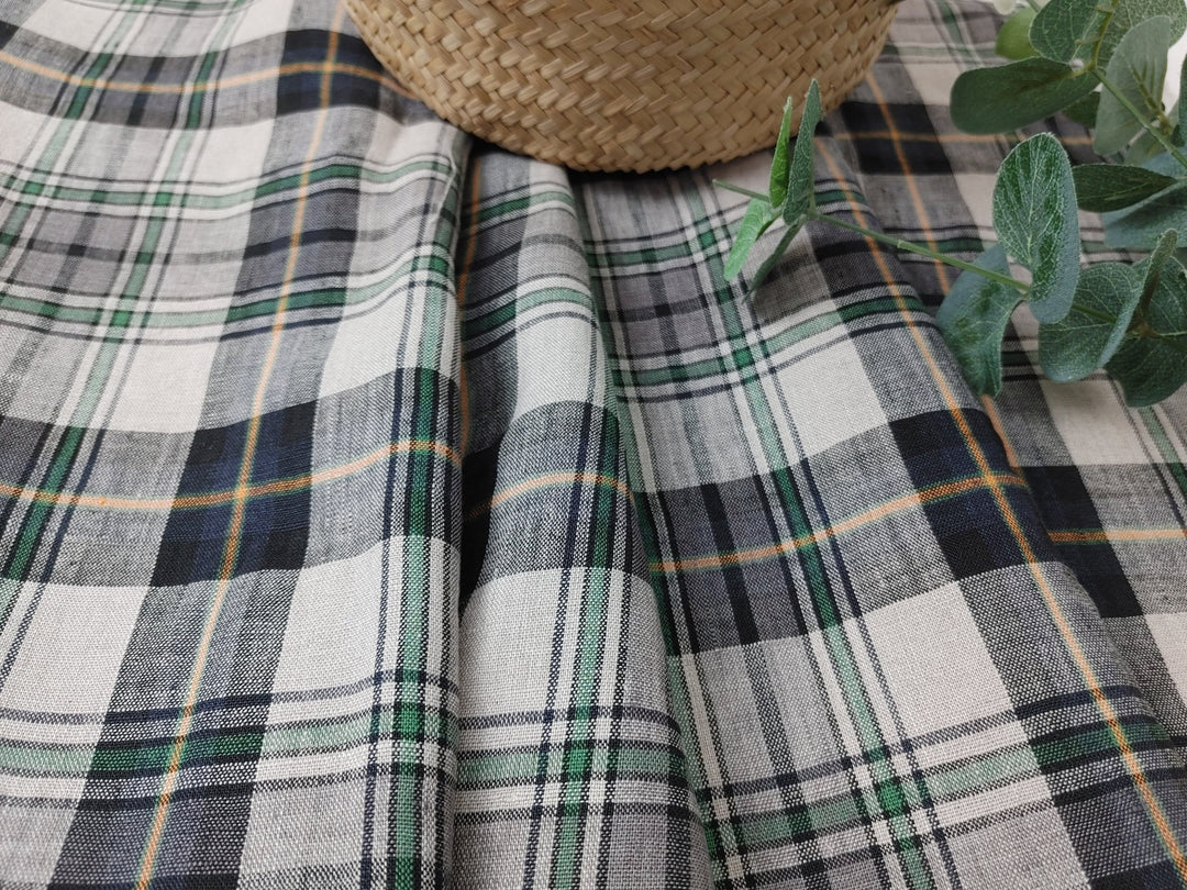 100% Linen Fabric in Medium Weight with Classic Plaid Design 7155 - The Linen Lab - Beige