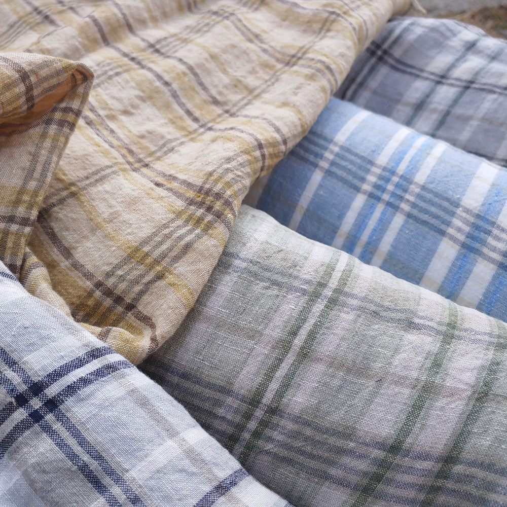 100% Linen Fabric Madras Plaid Light Weight (7022 7023 7024 6709 6710) - The Linen Lab - Grey & Green
