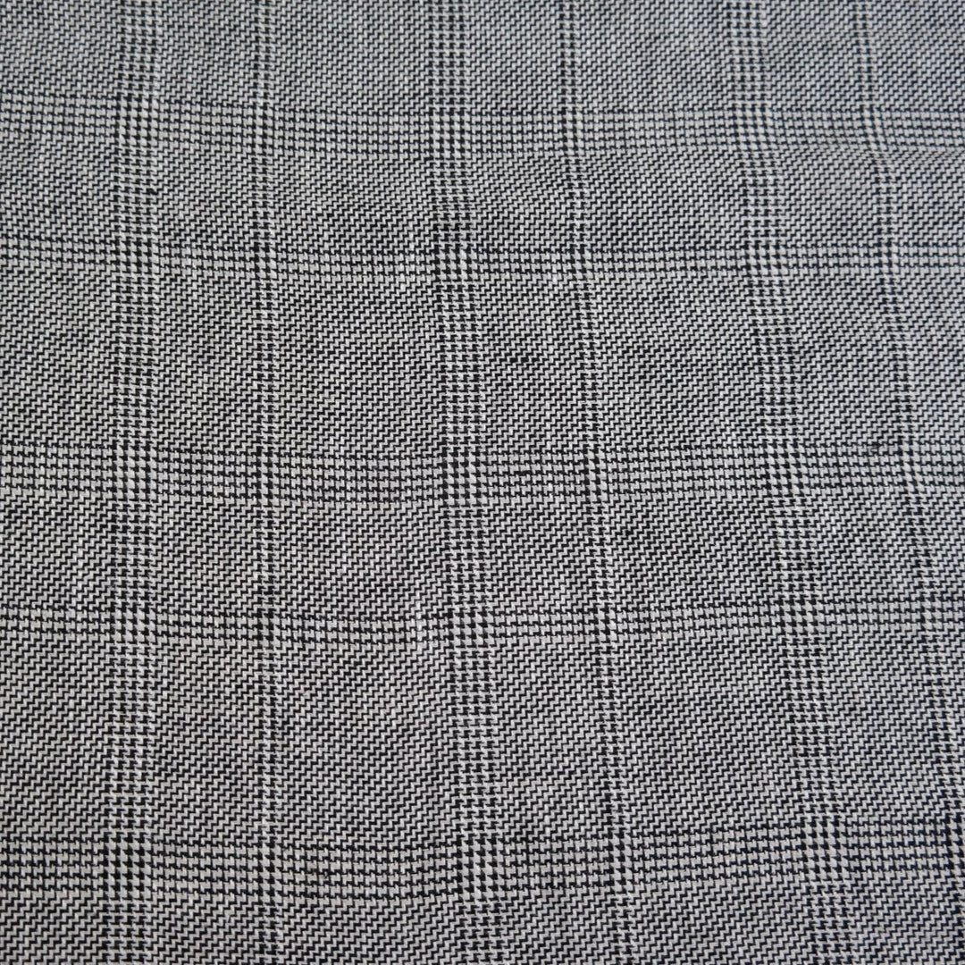 100% Linen Fabric Natural Black Windowpane Plaid Twill Medium Weight - The Linen Lab - Grey