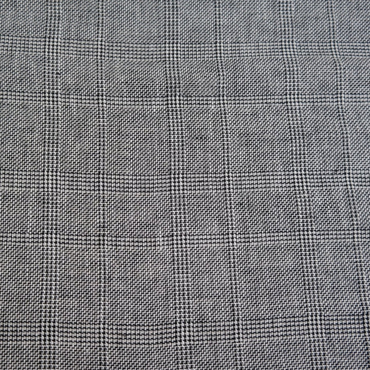 100% Linen Fabric Natural Black Windowpane Plaid Twill Medium Weight - The Linen Lab - Grey