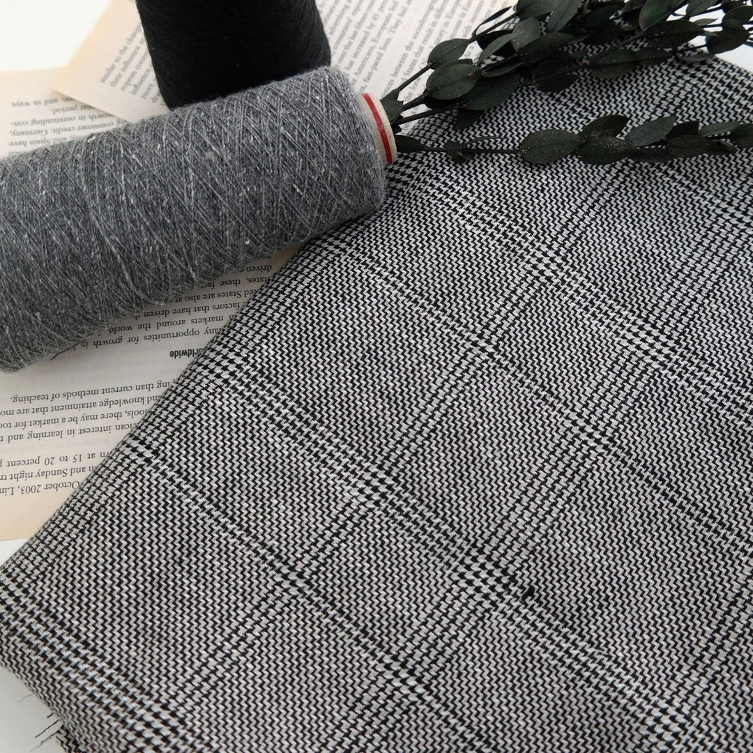 100% Linen Fabric Natural Black Windowpane Plaid Twill Medium Weight - The Linen Lab - Grey
