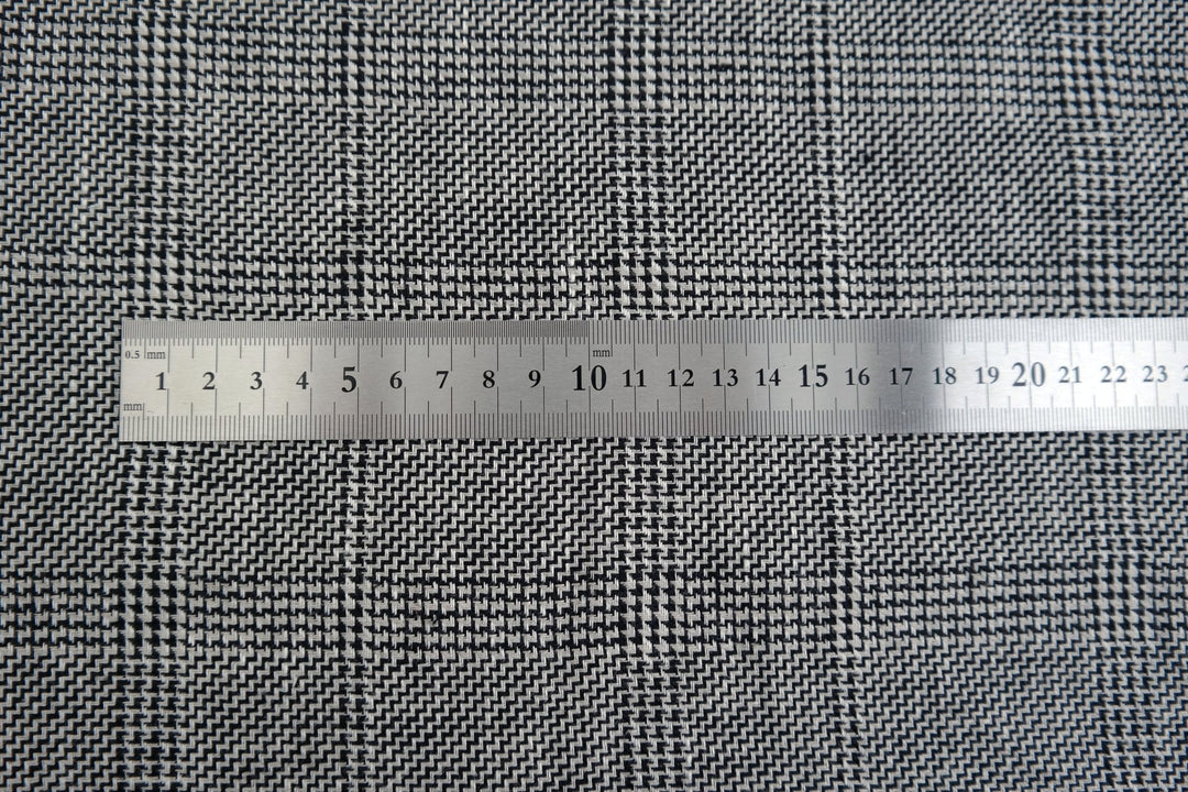 100% Linen Fabric Natural Black Windowpane Plaid Twill Medium Weight - The Linen Lab - Grey