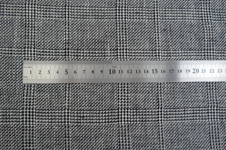 100% Linen Fabric Natural Black Windowpane Plaid Twill Medium Weight - The Linen Lab - Grey