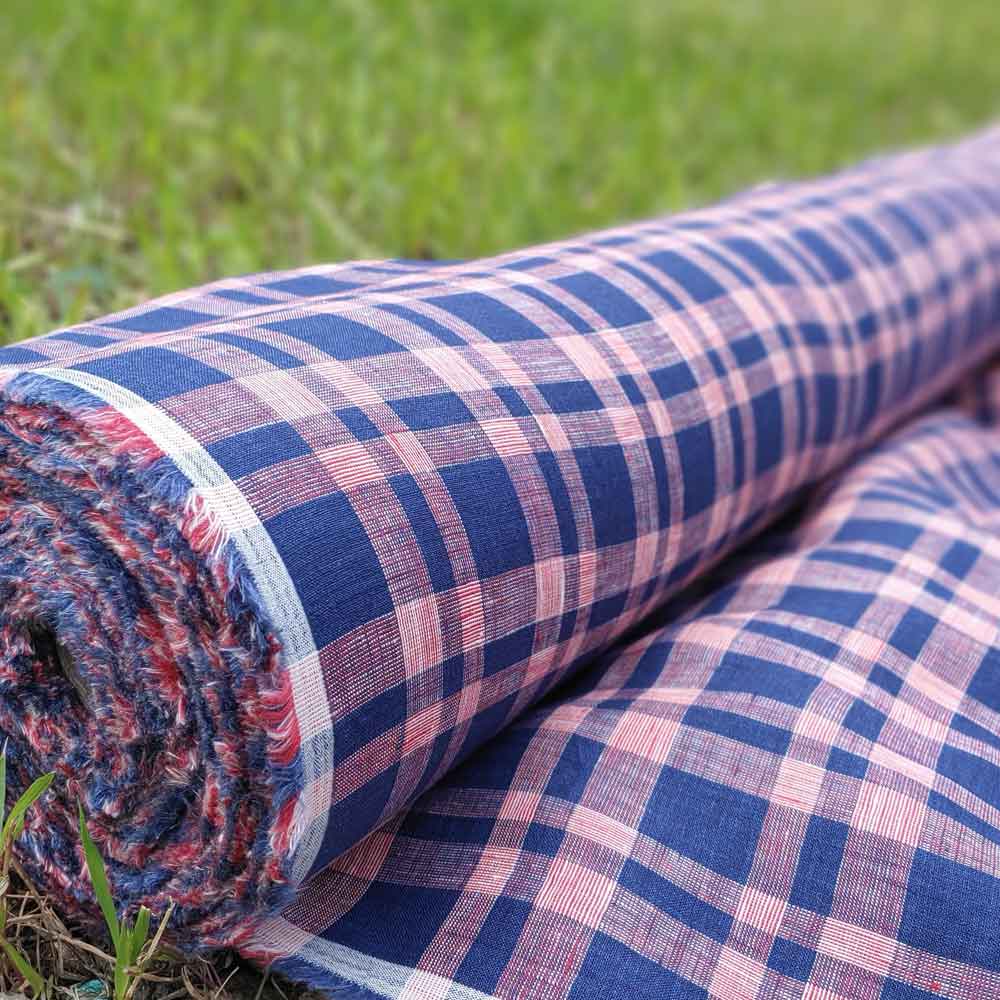 100% Linen Fabric Navy Red Plaid (6275) - The Linen Lab - Navy & Red