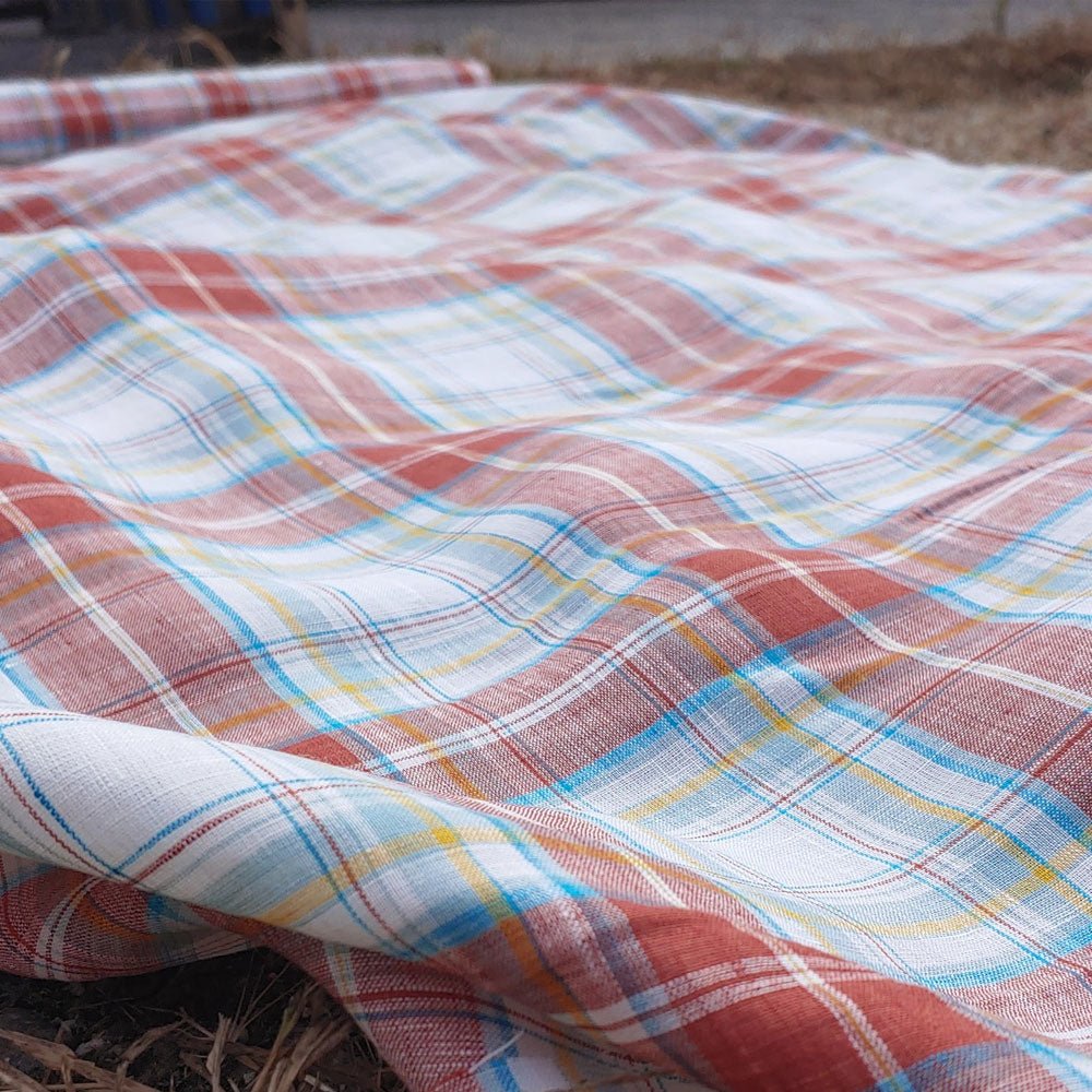 100% Linen Fabric Red Tartan Plaid Light Weight (6348) - The Linen Lab - Red