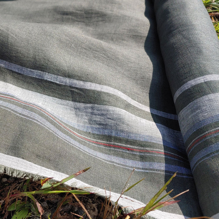 100% Linen Fabric Side Stripe Fabric Light Weight (6349) - The Linen Lab - Green