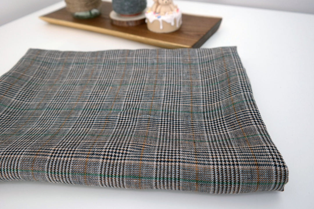 100% Linen Fabric Twill Multi Color Houndstooth Glen Plaid Medium Weight (6416) - The Linen Lab - Multi Colors