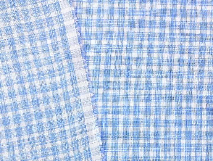 100% Linen Gingham Check Fabric in Space-Dyed Blue Yarn 7297 - The Linen Lab - Blue