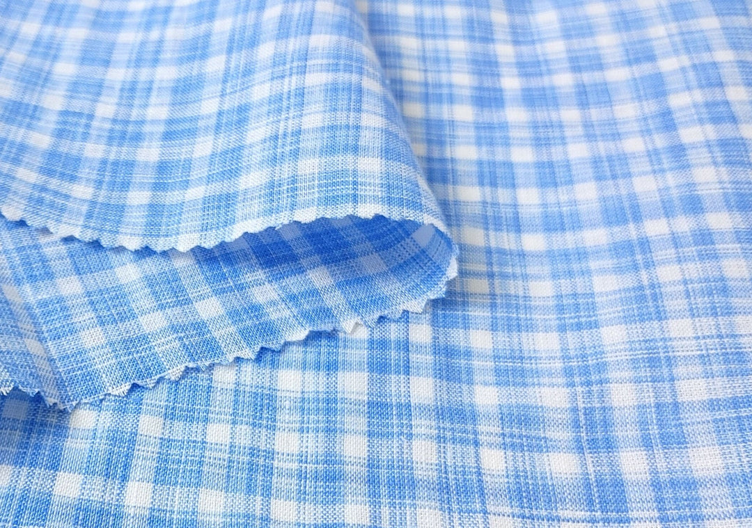 100% Linen Gingham Check Fabric in Space-Dyed Blue Yarn 7297 - The Linen Lab - Blue