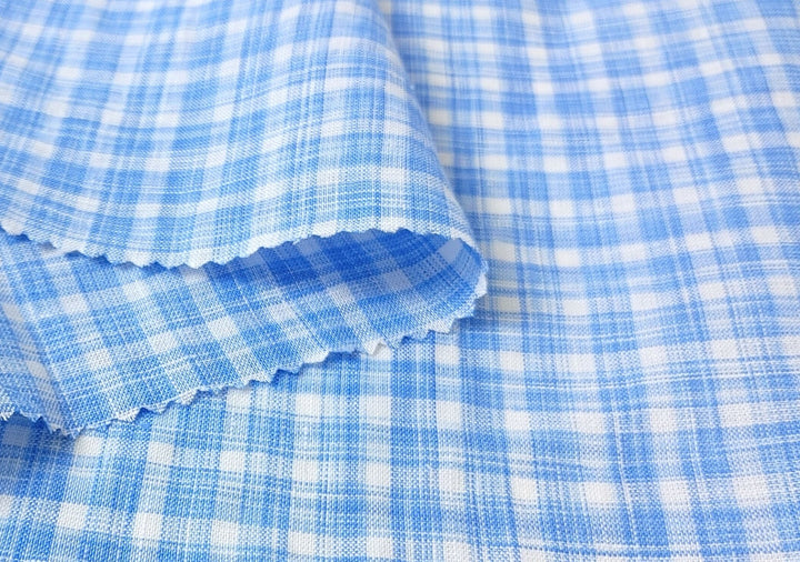 100% Linen Gingham Check Fabric in Space-Dyed Blue Yarn 7297 - The Linen Lab - Blue