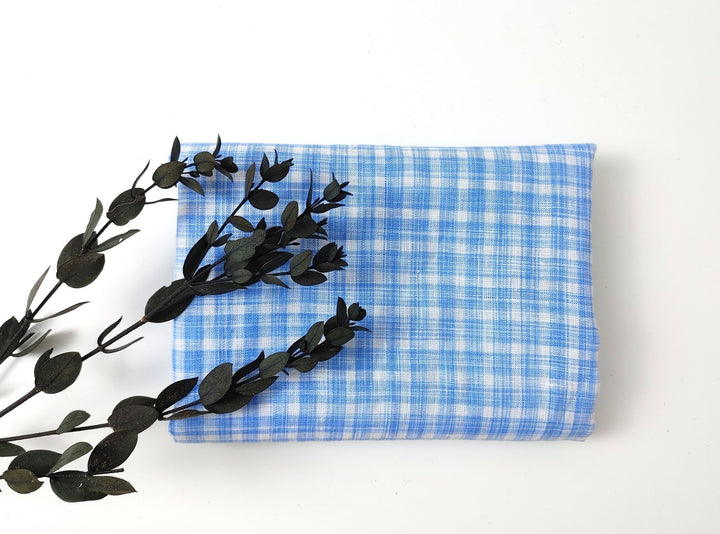 100% Linen Gingham Check Fabric in Space-Dyed Blue Yarn 7297 - The Linen Lab - Blue