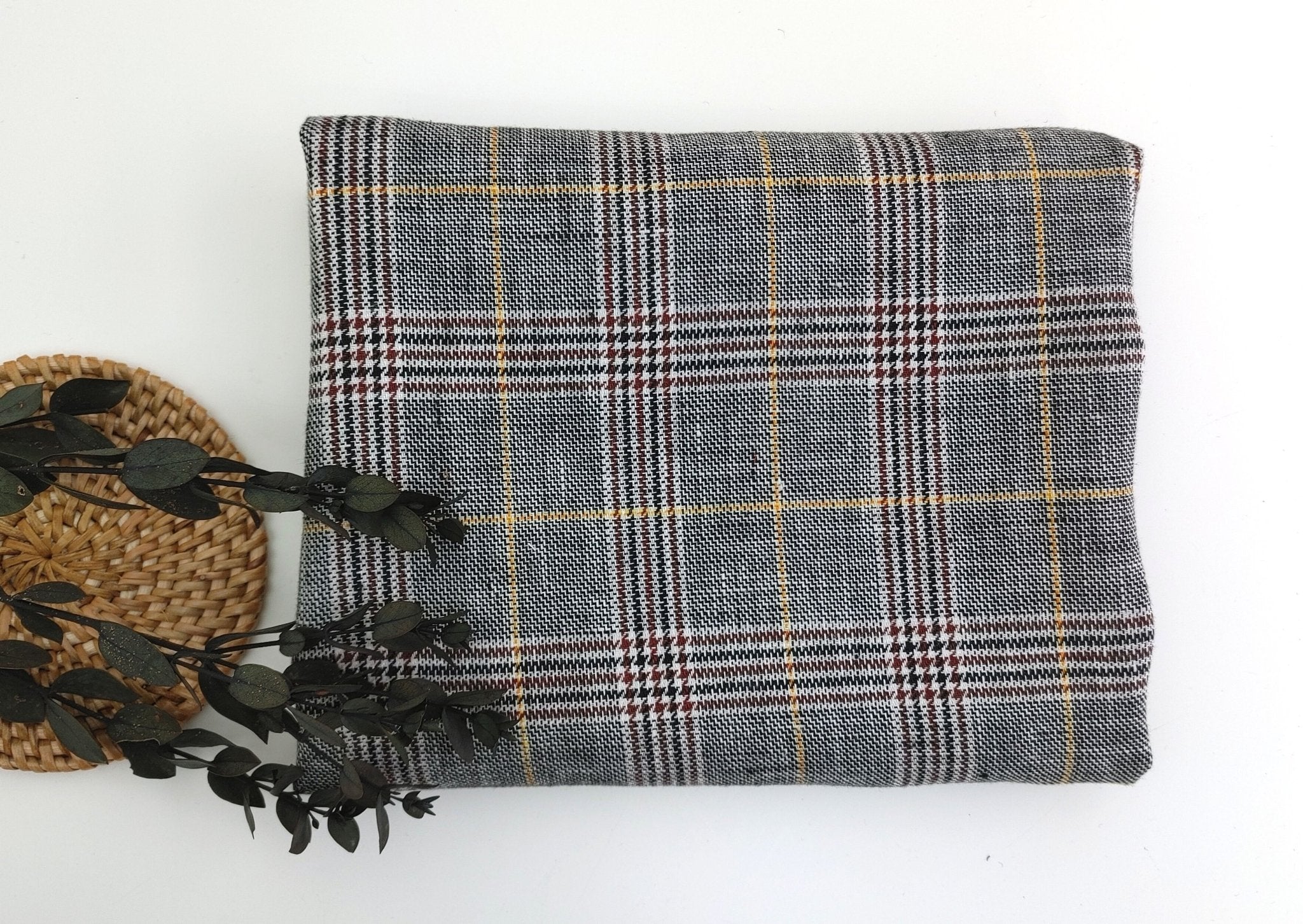 100% Linen Glen Plaid with Yellow Windowpane – White, Black, and Brown Harmony 6715 - The Linen Lab - Yellow