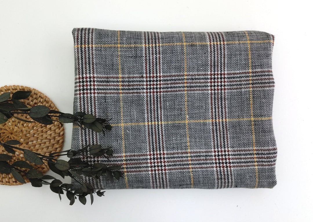 100% Linen Glen Plaid with Yellow Windowpane – White, Black, and Brown Harmony 6715 - The Linen Lab - Yellow