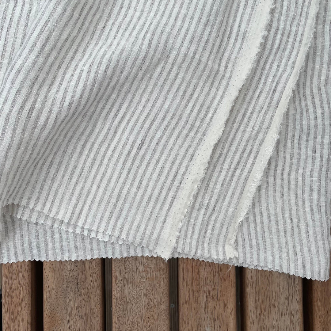 100% Linen Grey Melange Stripe Fabric 21s 60lea (6548) - The Linen Lab - Light Grey