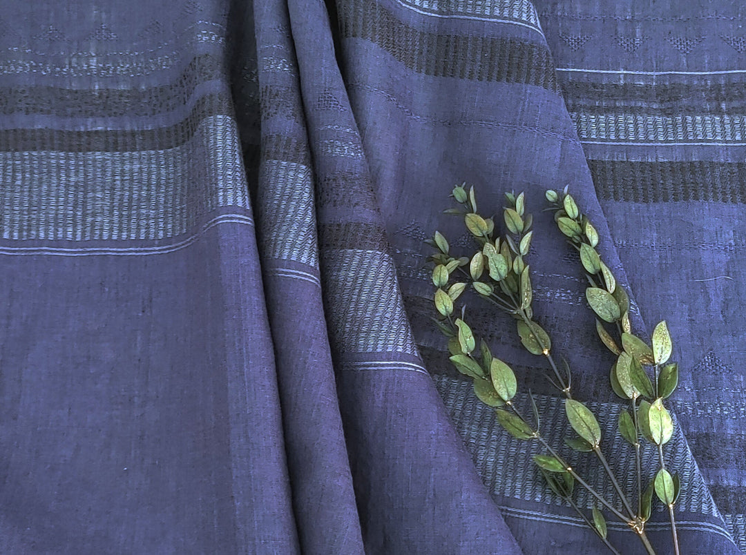 100% Linen Jacquard Fabric with Navy Horizontal Stripes and Unique Weaving Structure 4883 - The Linen Lab - Navy