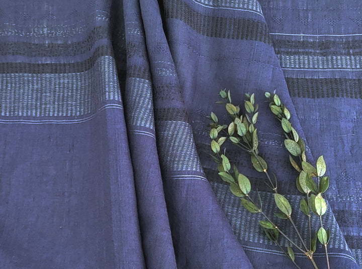 100% Linen Jacquard Fabric with Navy Horizontal Stripes and Unique Weaving Structure 4883 - The Linen Lab - Navy