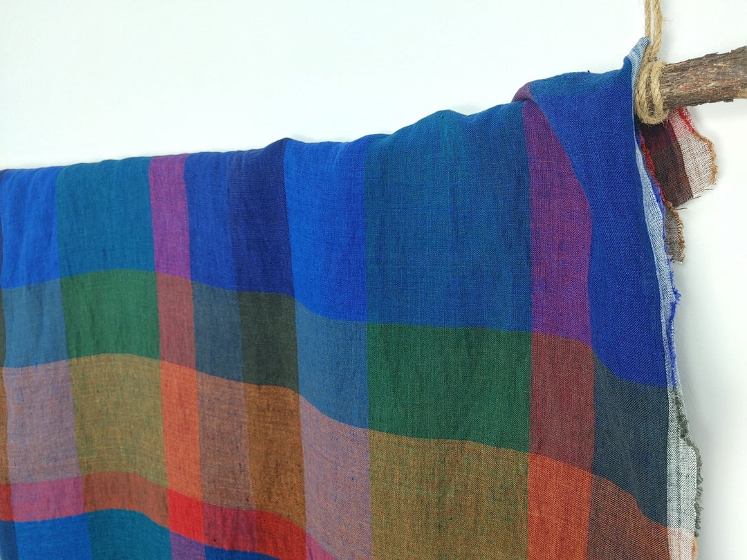 100% Linen Multi Color Big Plaid Fabric Light Weight 7167 - The Linen Lab - Multi Color