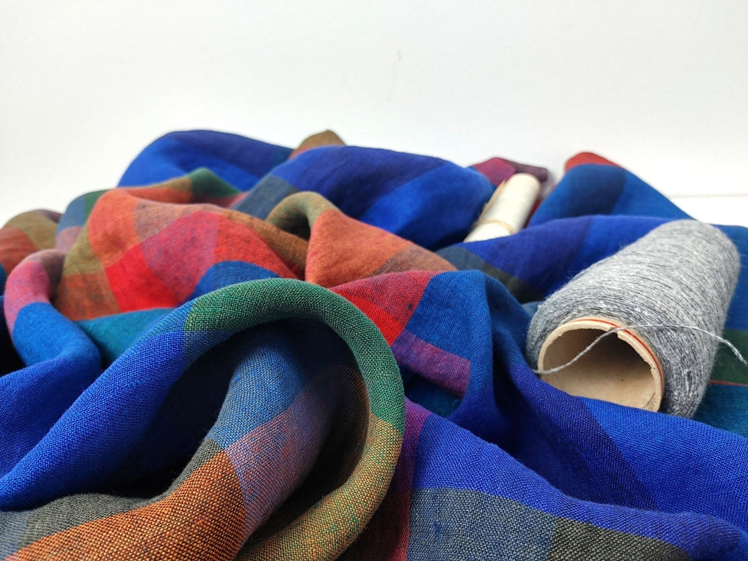 100% Linen Multi Color Big Plaid Fabric Light Weight 7167 - The Linen Lab - Multi Color