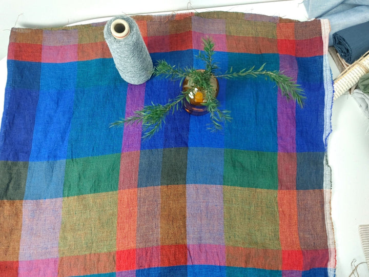 100% Linen Multi Color Big Plaid Fabric Light Weight 7167 - The Linen Lab - Multi Color
