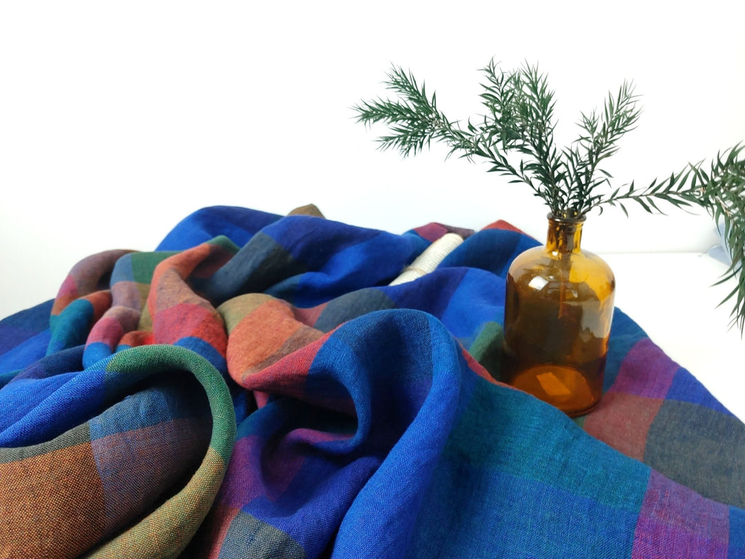 100% Linen Multi Color Big Plaid Fabric Light Weight 7167 - The Linen Lab - Multi Color