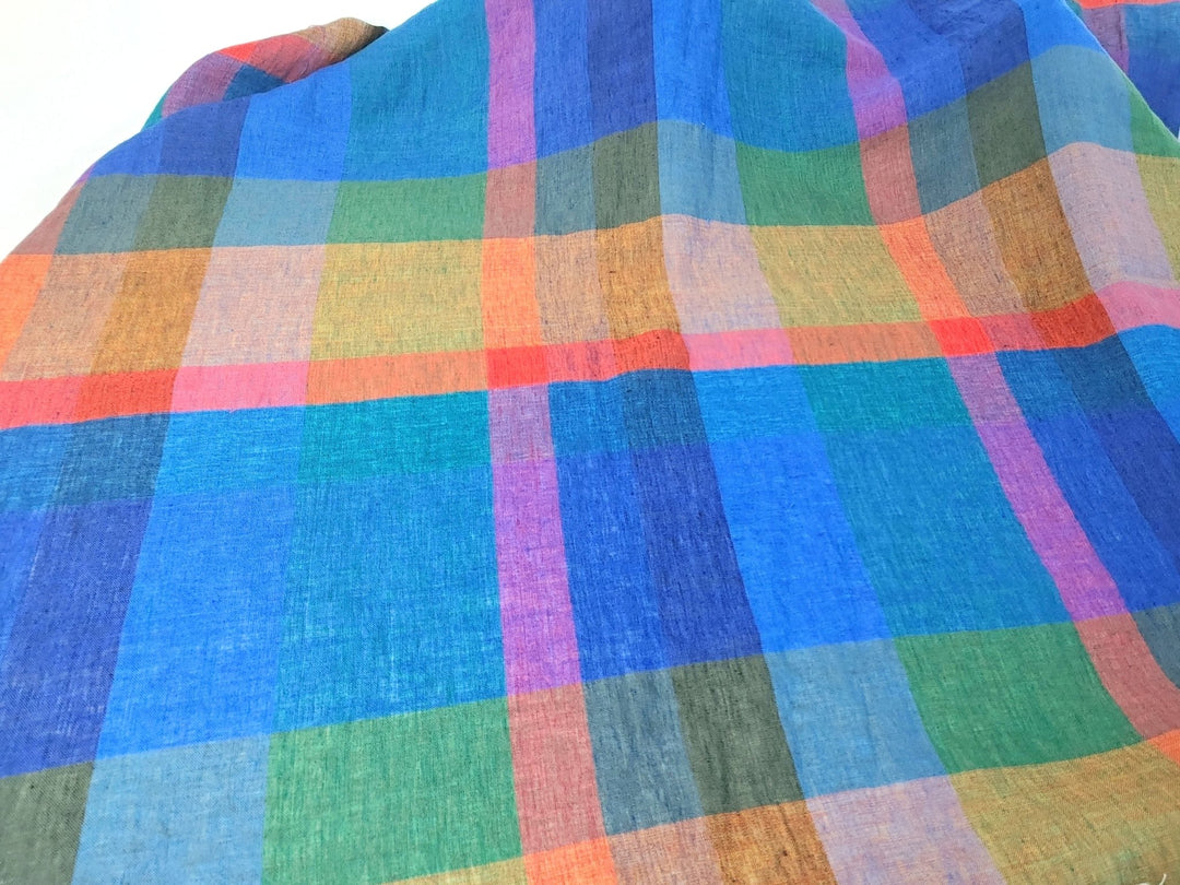 100% Linen Multi Color Big Plaid Fabric Light Weight 7167 - The Linen Lab - Multi Color