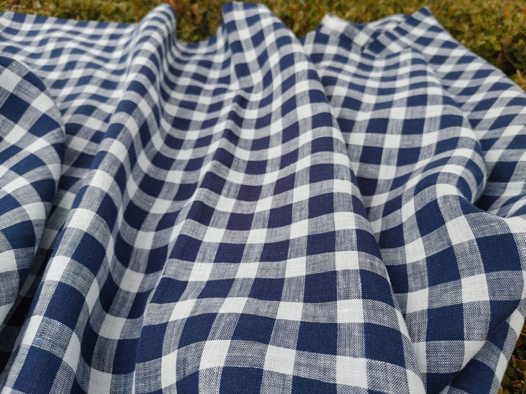 100% Linen Navy Modified Gingham Check Fabric – Lightweight and Timelessly Chic 4407 - The Linen Lab - Navy