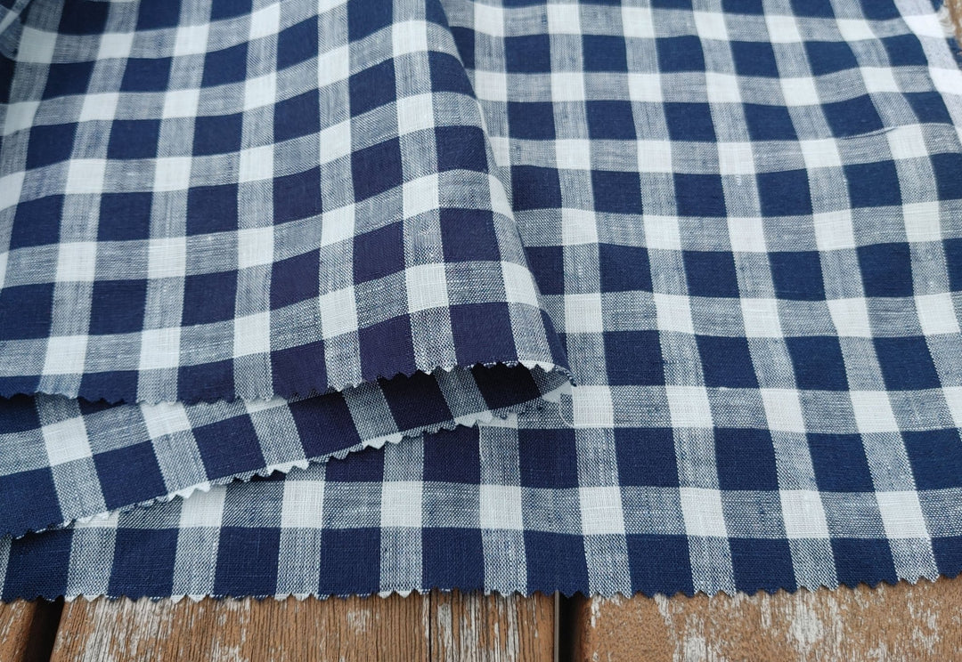 100% Linen Navy Modified Gingham Check Fabric – Lightweight and Timelessly Chic 4407 - The Linen Lab - Navy