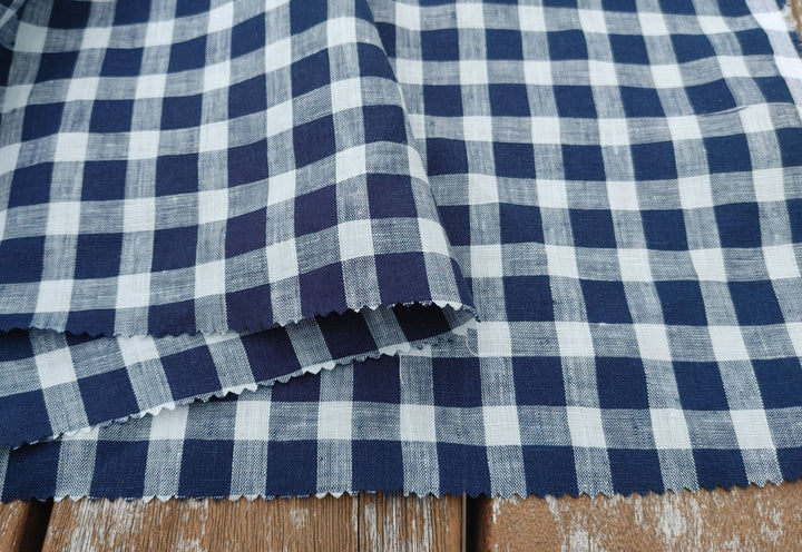 100% Linen Navy Modified Gingham Check Fabric – Lightweight and Timelessly Chic 4407 - The Linen Lab - Navy