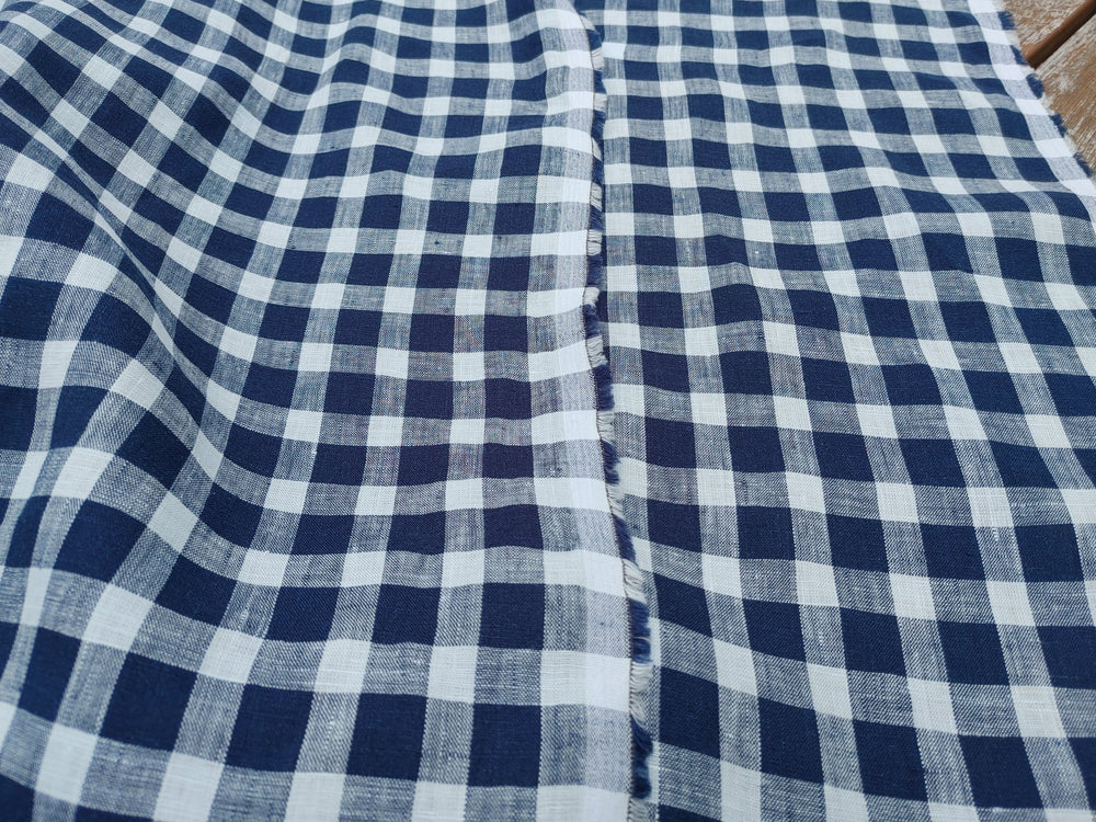 100% Linen Navy Modified Gingham Check Fabric – Lightweight and Timelessly Chic 4407 - The Linen Lab - Navy