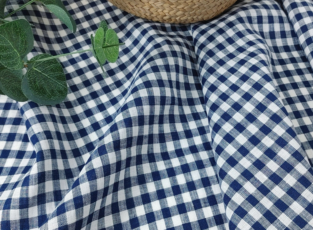 100% Linen Navy Small Gingham Check - Light and Airy 4684 - The Linen Lab - Navy