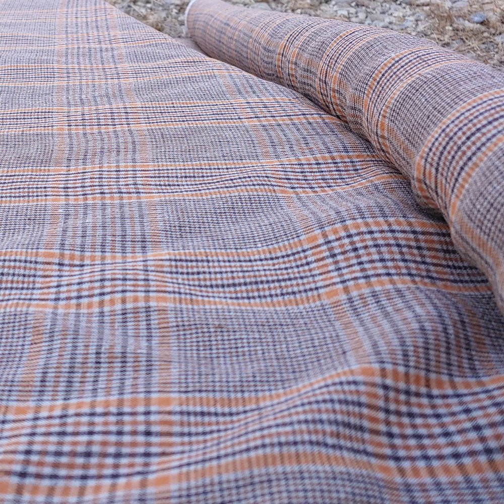 100% Linen Orange Brown Simple Plaid Fabric 14s 40lea (6483) - The Linen Lab -