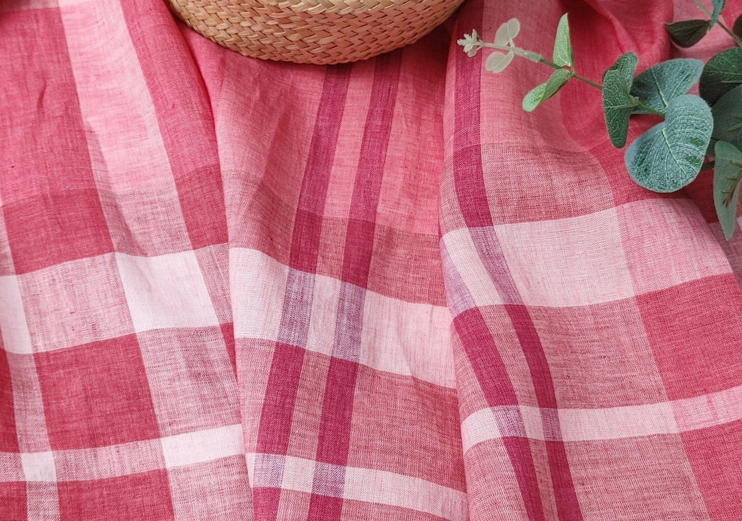 100% Linen Red Big Plaid Fabric 4573 - The Linen Lab - Red