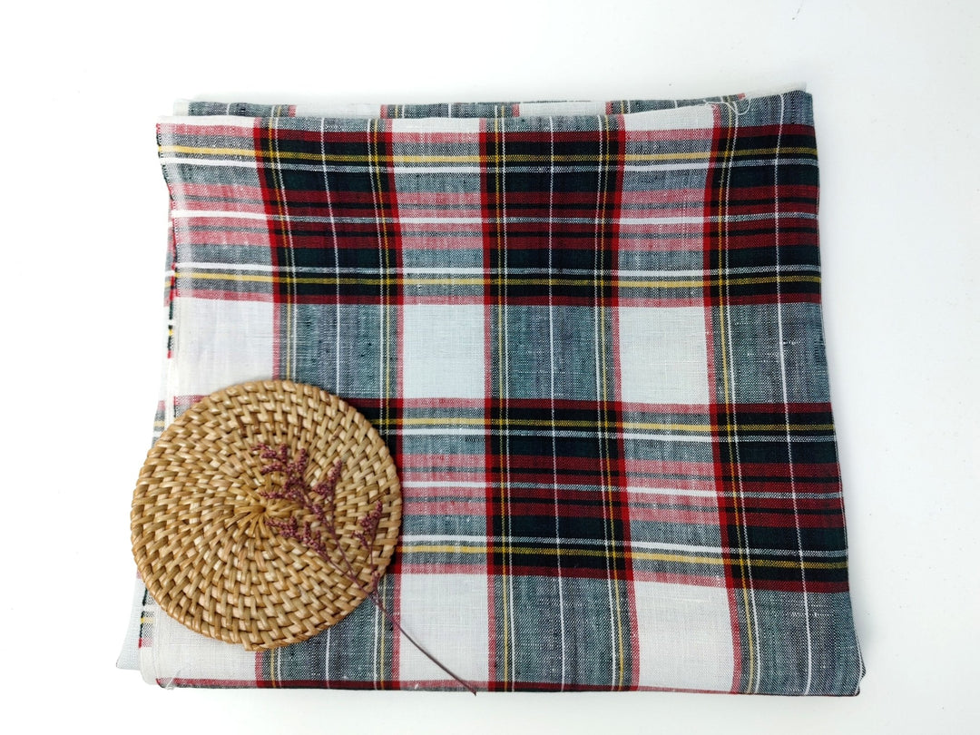 100% Linen Red Black Plaid Fabric Medium Weight 7758 - The Linen Lab - Red