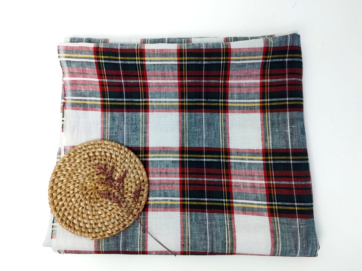 100% Linen Red Black Plaid Fabric Medium Weight 7758 - The Linen Lab - Red