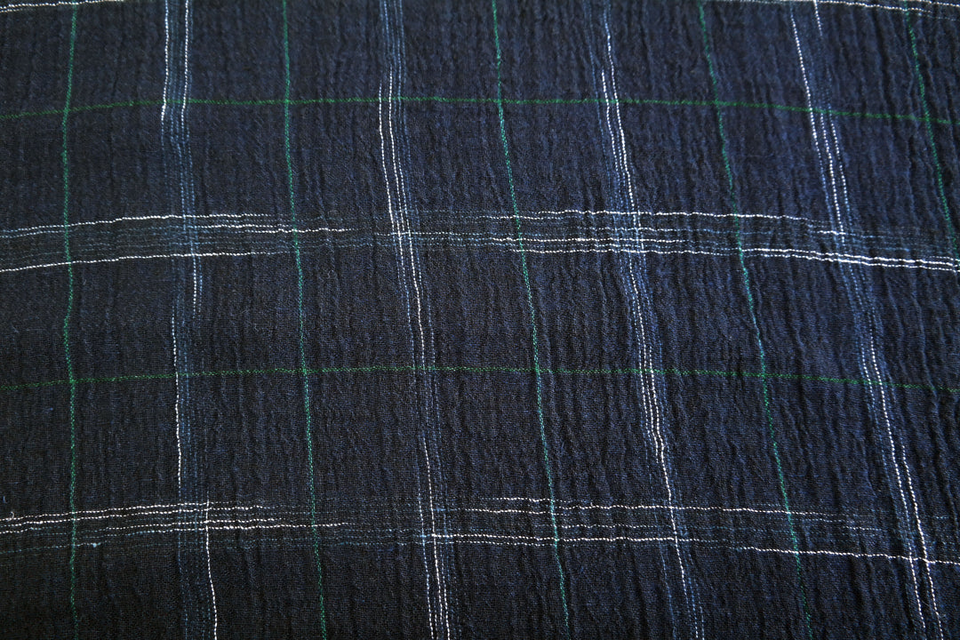 High Twisted Linen Fabric with Wrinkle Effect -Spaced Dyed Windowpane Check 6645 6688 - The Linen Lab - NAVY 6688