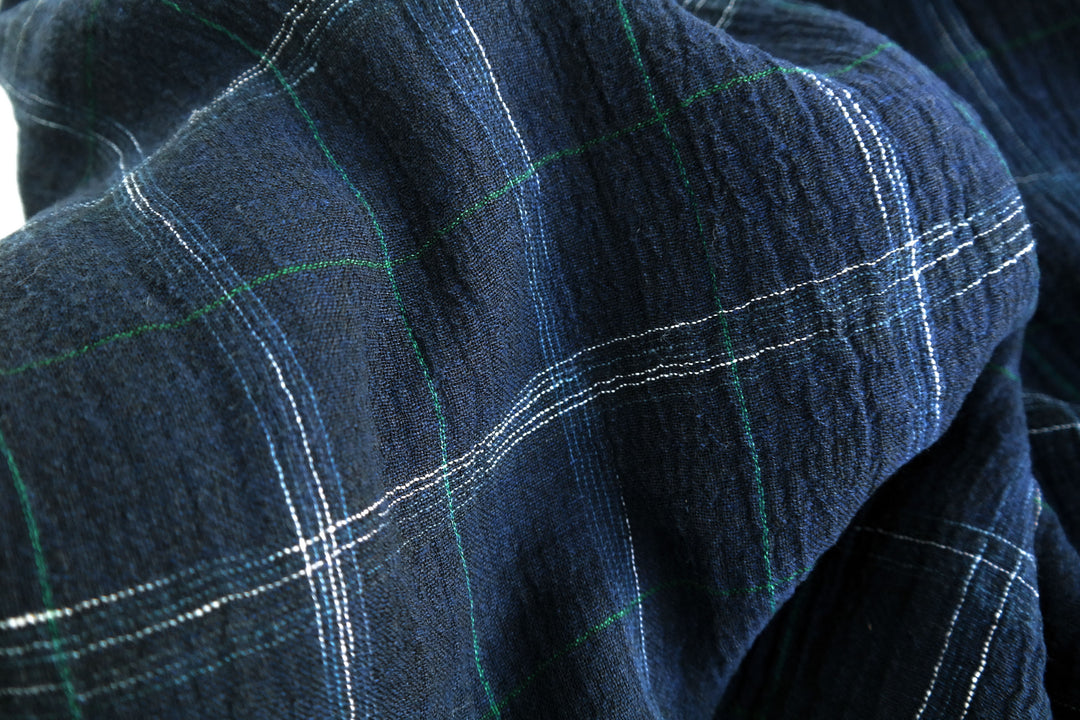 High Twisted Linen Fabric with Wrinkle Effect -Spaced Dyed Windowpane Check 6645 6688 - The Linen Lab - NAVY 6688